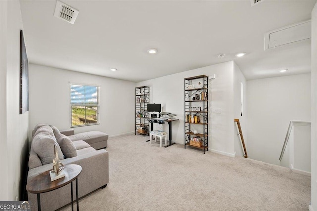 218 Lookout Dr, Dallas, GA 30132 - carpeted living area with attic access, recessed lighting, and an office area