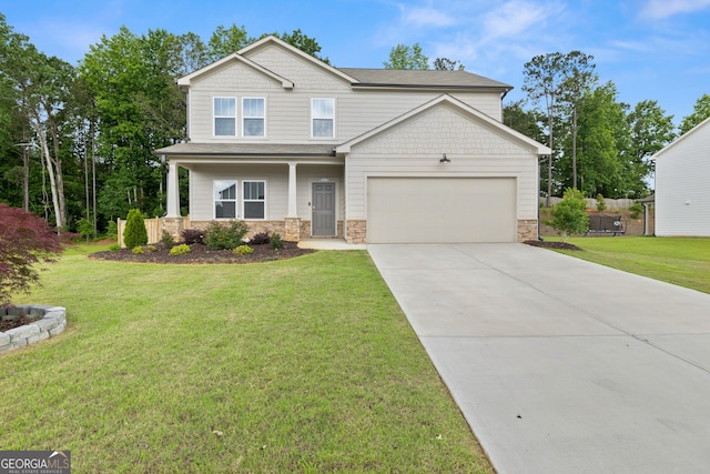 272 Broadstone Blvd, Acworth, GA 30101 - craftsman house with stone siding, concrete driveway, a front lawn, and an attached garage