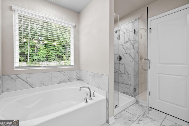 272 Broadstone Blvd, Acworth, GA 30101 - bathroom with a garden tub, marble look tile flooring, and a stall shower