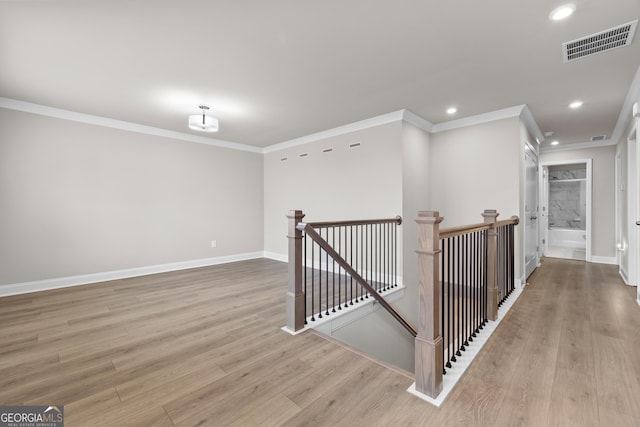 272 Broadstone Blvd, Acworth, GA 30101 - hall with an upstairs landing, light wood-type flooring, crown molding, baseboards, and recessed lighting
