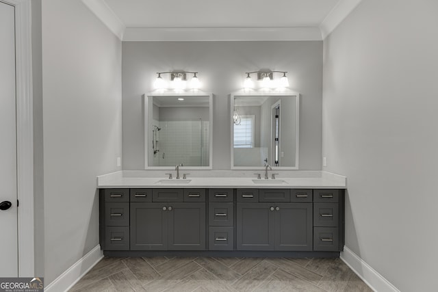4781 Falling Brook Dr, Flowery Branch, GA 30542 - bathroom with double vanity, tiled shower, ornamental molding, and baseboards