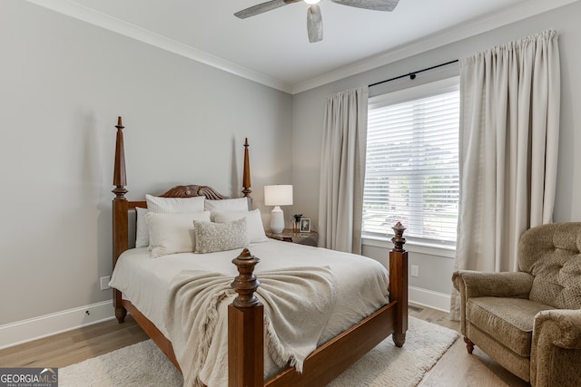 4781 Falling Brook Dr, Flowery Branch, GA 30542 - bedroom featuring baseboards, wood finished floors, ornamental molding, and ceiling fan