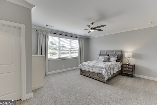 4781 Falling Brook Dr, Flowery Branch, GA 30542 - carpeted bedroom with ornamental molding, baseboards, and a ceiling fan
