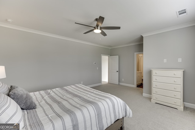 4781 Falling Brook Dr, Flowery Branch, GA 30542 - carpeted bedroom with crown molding, baseboards, and ceiling fan