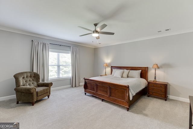 4781 Falling Brook Dr, Flowery Branch, GA 30542 - bedroom featuring baseboards, ornamental molding, light carpet, and a ceiling fan