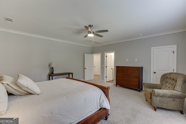 4781 Falling Brook Dr, Flowery Branch, GA 30542 - bedroom featuring light carpet, crown molding, and ceiling fan