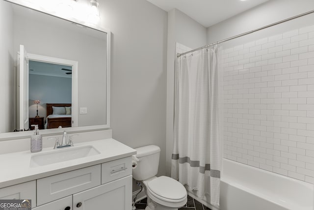 4781 Falling Brook Dr, Flowery Branch, GA 30542 - bathroom with vanity, toilet, shower / bath combo with shower curtain, and connected bathroom