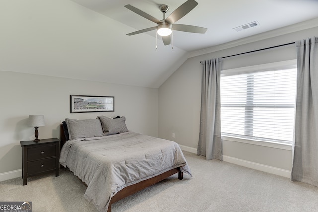 4781 Falling Brook Dr, Flowery Branch, GA 30542 - bedroom featuring vaulted ceiling, baseboards, light colored carpet, and ceiling fan