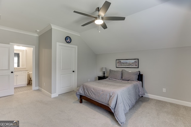 4781 Falling Brook Dr, Flowery Branch, GA 30542 - bedroom with light carpet, baseboards, lofted ceiling, ornamental molding, and ceiling fan