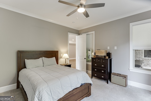 4781 Falling Brook Dr, Flowery Branch, GA 30542 - bedroom featuring ornamental molding, light colored carpet, baseboards, and a ceiling fan