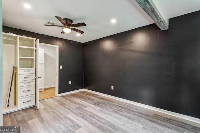 232 Apple Branch Dr, Woodstock, GA 30188 - unfurnished bedroom featuring light wood-style flooring, baseboards, beamed ceiling, recessed lighting, and a ceiling fan