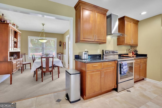 2149 New London Pl, Snellville, GA 30078 - kitchen featuring electric stove, wall chimney range hood, dark countertops, brown cabinetry, and recessed lighting