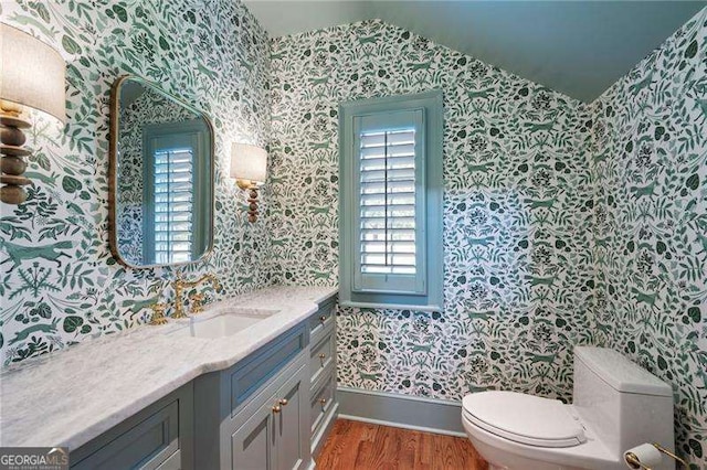 1830 Maple St, Carrollton, GA 30117 - bathroom with wallpapered walls, wood finished floors, vanity, toilet, and vaulted ceiling