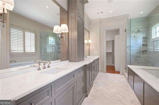 1830 Maple St, Carrollton, GA 30117 - full bath with ornamental molding, a shower stall, double vanity, a spacious closet, and recessed lighting