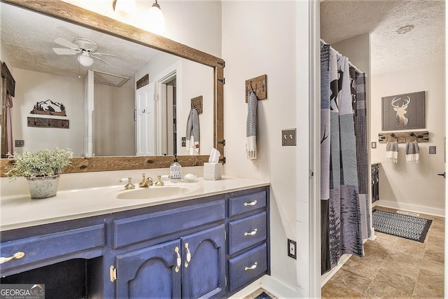 345 Davis Rd W, Fairmount, GA 30139 - full bathroom featuring a textured ceiling, vanity, ceiling fan, and baseboards