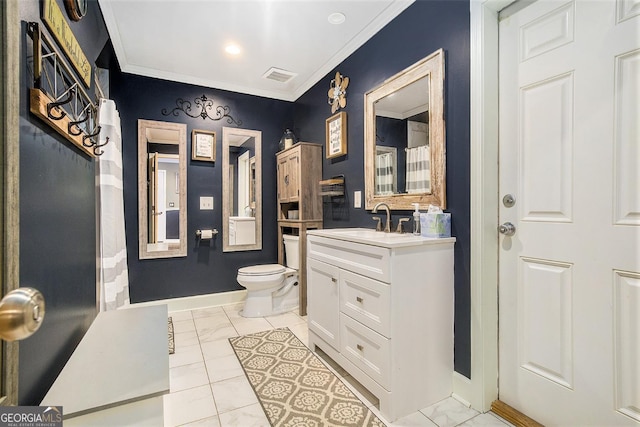 345 Davis Rd W, Fairmount, GA 30139 - full bath with baseboards, crown molding, toilet, vanity, and marble look tiles