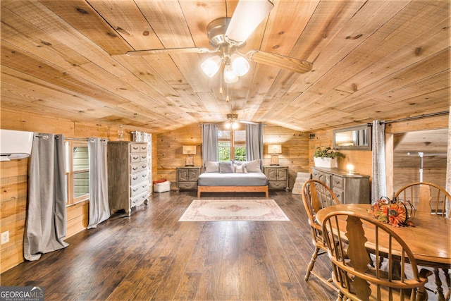 345 Davis Rd W, Fairmount, GA 30139 - bedroom with wood ceiling, wood walls, lofted ceiling, and dark wood-style flooring