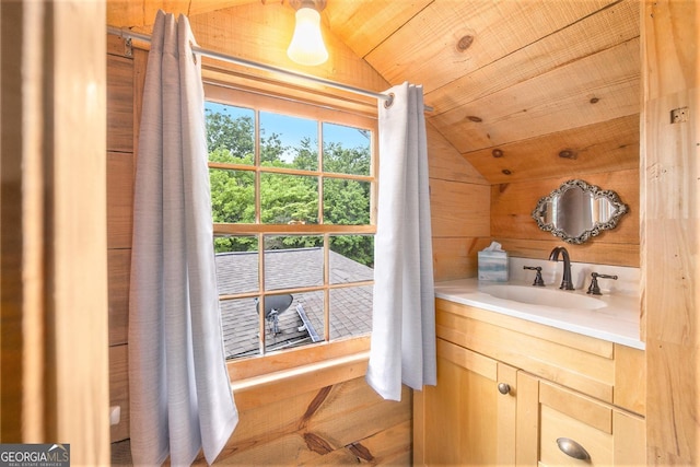 345 Davis Rd W, Fairmount, GA 30139 - bathroom featuring lofted ceiling, wood ceiling, vanity, and wooden walls
