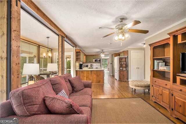 345 Davis Rd W, Fairmount, GA 30139 - living room featuring light wood finished floors, ceiling fan, a textured ceiling, ornamental molding, and a chandelier