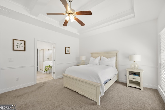 4044 Andover Cir, Mcdonough, GA 30252 - bedroom with ornamental molding, carpet, a tray ceiling, baseboards, and a ceiling fan