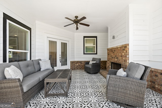 4044 Andover Cir, Mcdonough, GA 30252 - view of patio with an outdoor living space with a fireplace, ceiling fan, and french doors