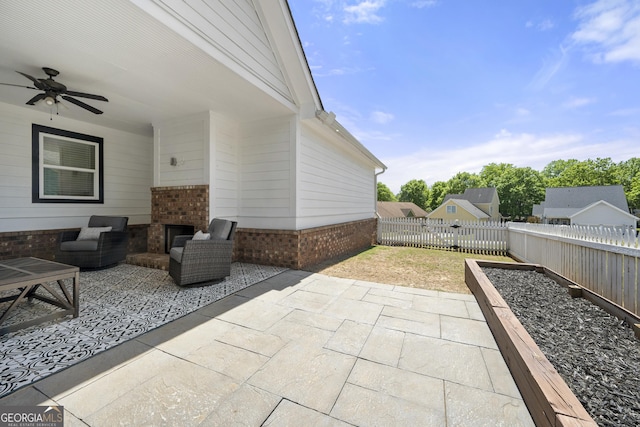 4044 Andover Cir, Mcdonough, GA 30252 - fenced backyard with a patio, a ceiling fan, and outdoor lounge area