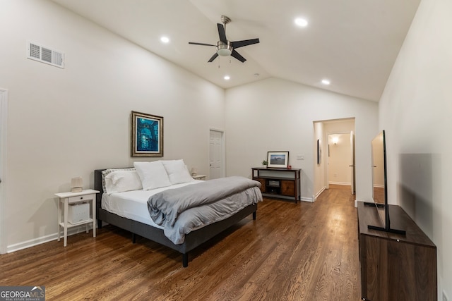 429 Deckner Ave SW, Atlanta, GA 30310 - bedroom with dark wood-style flooring, recessed lighting, high vaulted ceiling, baseboards, and a ceiling fan