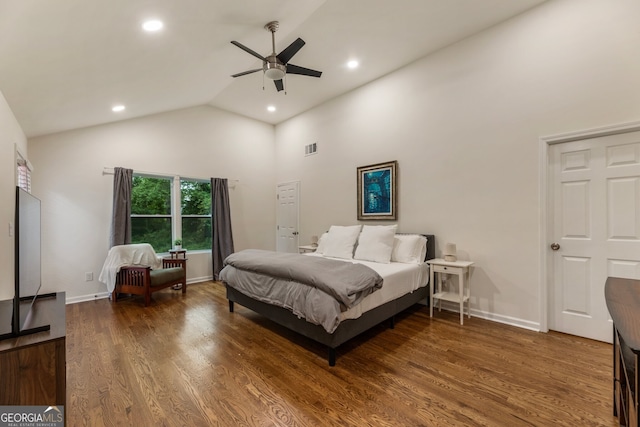429 Deckner Ave SW, Atlanta, GA 30310 - bedroom with high vaulted ceiling, wood finished floors, recessed lighting, ceiling fan, and baseboards