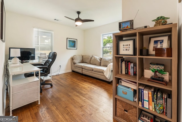429 Deckner Ave SW, Atlanta, GA 30310 - office area featuring ceiling fan, wood finished floors, and baseboards