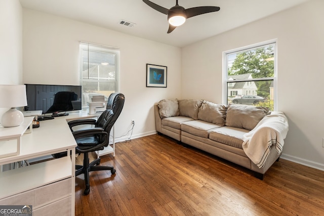 429 Deckner Ave SW, Atlanta, GA 30310 - home office featuring dark wood finished floors, a ceiling fan, and baseboards
