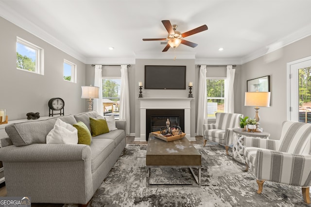 237 Orion Dr, Dalton, GA 30720 - living area with ornamental molding, ceiling fan, a glass covered fireplace, healthy amount of natural light, and recessed lighting
