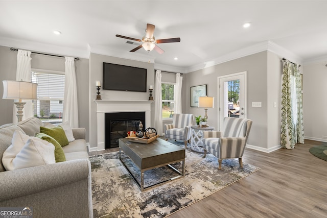 237 Orion Dr, Dalton, GA 30720 - living area featuring crown molding, wood finished floors, a glass covered fireplace, a ceiling fan, and baseboards