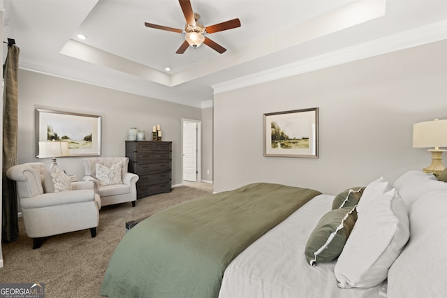 237 Orion Dr, Dalton, GA 30720 - bedroom featuring recessed lighting, carpet flooring, a tray ceiling, crown molding, and ceiling fan