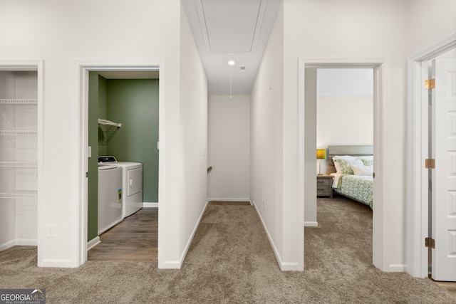 237 Orion Dr, Dalton, GA 30720 - hall with attic access, carpet, washing machine and dryer, and baseboards
