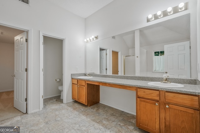 3524 Forest Downs Cv, Decatur, GA 30034 - bathroom with double vanity, toilet, a stall shower, baseboards, and vaulted ceiling