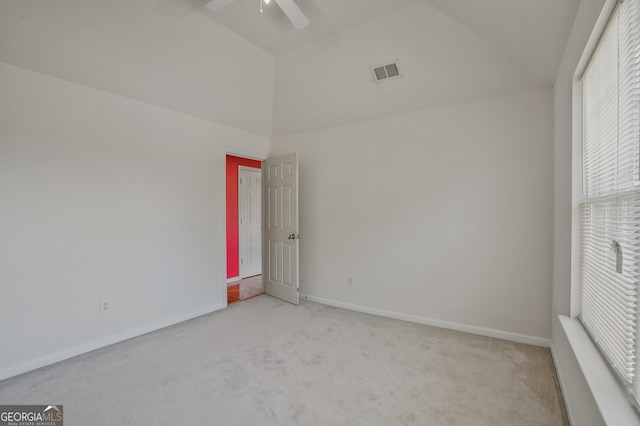 3524 Forest Downs Cv, Decatur, GA 30034 - unfurnished room featuring light colored carpet, high vaulted ceiling, a ceiling fan, and baseboards
