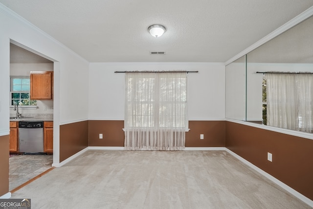 3524 Forest Downs Cv, Decatur, GA 30034 - unfurnished room featuring baseboards, light carpet, ornamental molding, a sink, and a textured ceiling