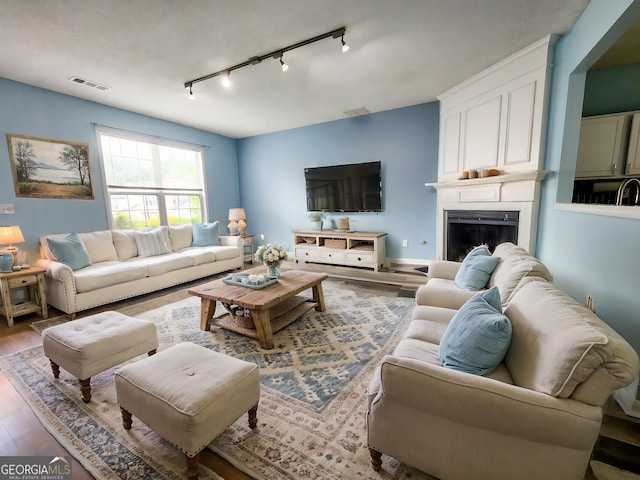 10900 Wittenridge Dr Unit H8, Alpharetta, GA 30022 - living room with rail lighting, wood finished floors, and a large fireplace