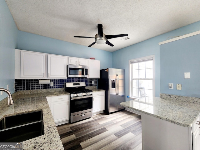 10900 Wittenridge Dr Unit H8, Alpharetta, GA 30022 - kitchen featuring appliances with stainless steel finishes, a sink, a peninsula, a ceiling fan, and light wood finished floors