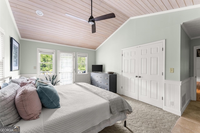 1431 Tame Turkey Rd, Lakemont, GA 30552 - bedroom with crown molding, wooden ceiling, a wainscoted wall, lofted ceiling, and access to exterior
