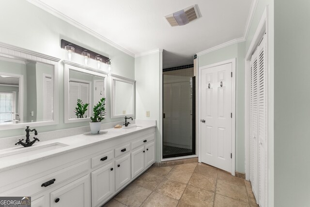 1431 Tame Turkey Rd, Lakemont, GA 30552 - full bathroom with a closet, double vanity, crown molding, a shower stall, and baseboards