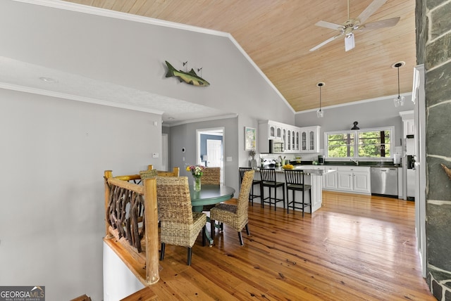 1431 Tame Turkey Rd, Lakemont, GA 30552 - dining space with ornamental molding, wooden ceiling, high vaulted ceiling, light wood-style floors, and ceiling fan