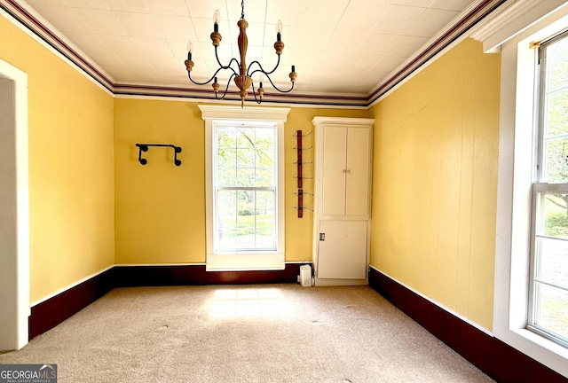 4850 New Liberty Rd, Clarkesville, GA 30523 - unfurnished room featuring crown molding, a chandelier, carpet flooring, and healthy amount of natural light