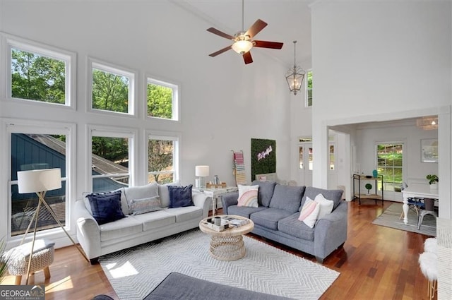 197 White Antelope St, Waleska, GA 30183 - living area with high vaulted ceiling, ceiling fan, and wood finished floors