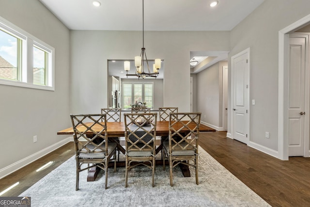 123 Mulberry Ct, Peachtree City, GA 30269 - dining room with wood finished floors, baseboards, a chandelier, and recessed lighting