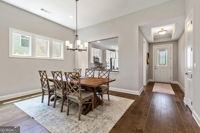 123 Mulberry Ct, Peachtree City, GA 30269 - dining room featuring baseboards, dark wood finished floors, a chandelier, and recessed lighting
