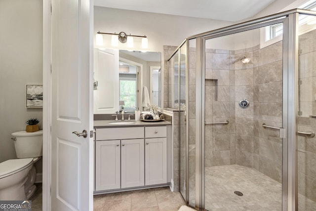 123 Mulberry Ct, Peachtree City, GA 30269 - bathroom with vanity, toilet, and a shower stall