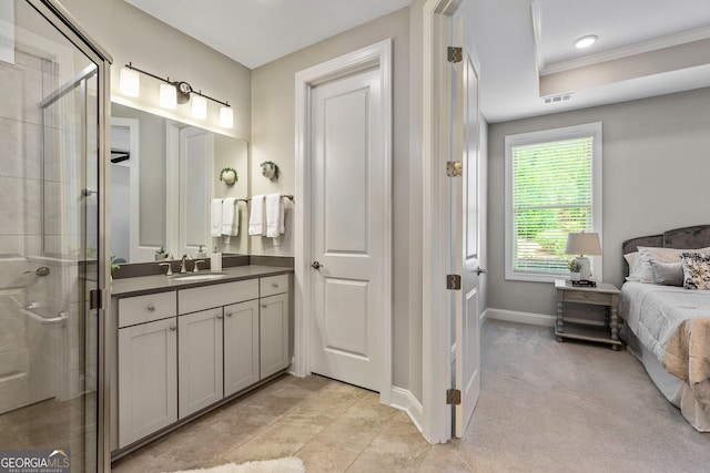 123 Mulberry Ct, Peachtree City, GA 30269 - ensuite bathroom with a shower stall, vanity, ornamental molding, and baseboards