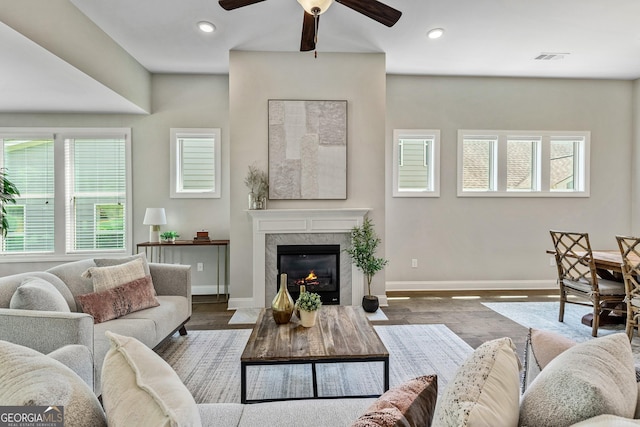 123 Mulberry Ct, Peachtree City, GA 30269 - living room featuring a ceiling fan, wood finished floors, a premium fireplace, baseboards, and recessed lighting
