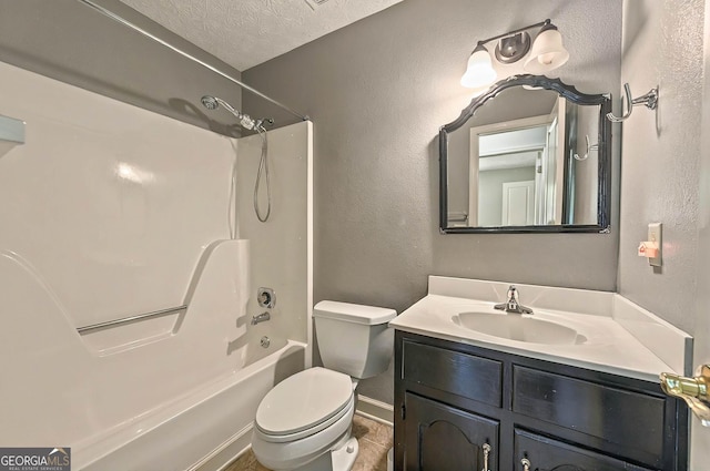 299 Fieldview Dr, Auburn, GA 30011 - full bath featuring vanity, toilet,  shower combination, a textured wall, and a textured ceiling
